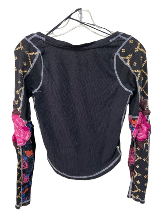 Free People Size S Black & Multi Cotton Blend Long Sleeve V Neck Thermal Top Black & Multi / S