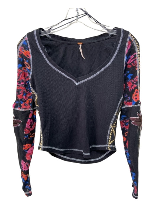 Free People Size S Black & Multi Cotton Blend Long Sleeve V Neck Thermal Top Black & Multi / S