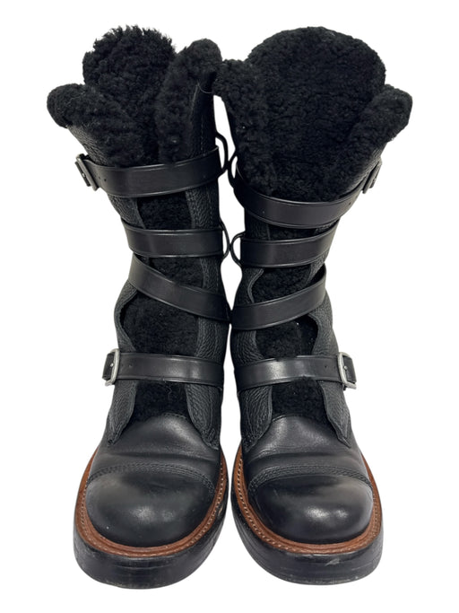 Coach Shoe Size 7 Black PU leather Faux Sherpa Buckles Stacked Heel Moto Boots Black / 7