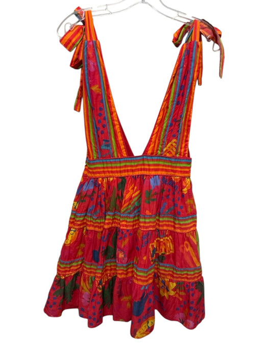 Farm Rio Size S Red & Multi Cotton Side Zip All Over Print Tie Straps Dress Red & Multi / S