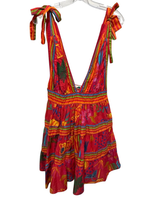 Farm Rio Size S Red & Multi Cotton Side Zip All Over Print Tie Straps Dress Red & Multi / S