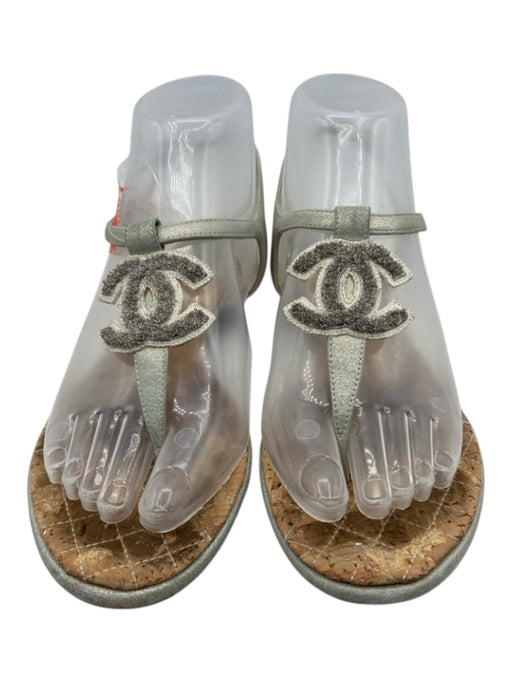 Chanel Shoe Size 37 Silver Leather Thong Ankle Strap Sandals Silver / 37