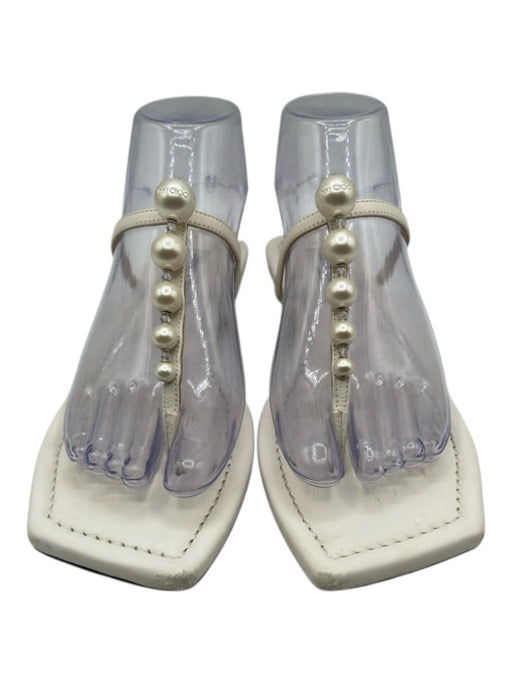 Jimmy Choo Shoe Size 37.5 White Leather Pearl Trim Thong Square Toe Sandals White / 37.5