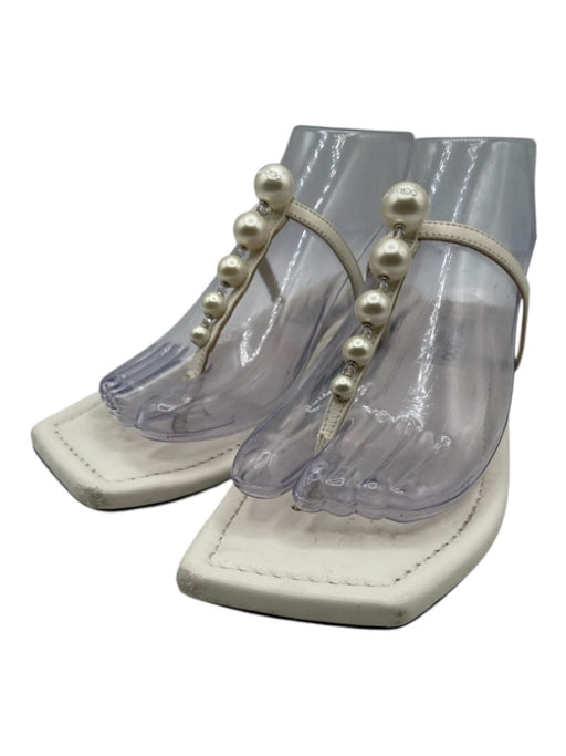 Jimmy Choo Shoe Size 37.5 White Leather Pearl Trim Thong Square Toe Sandals White / 37.5