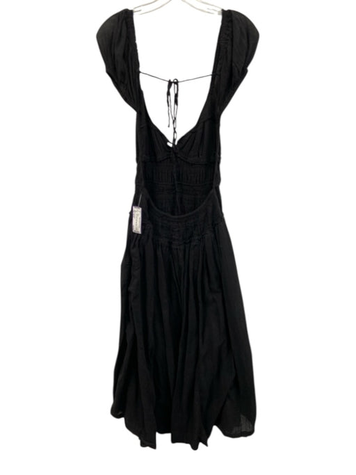 Free People Size Est S Black Cotton Puff Cap Sleeve Tie Detail Open Back Dress Black / Est S