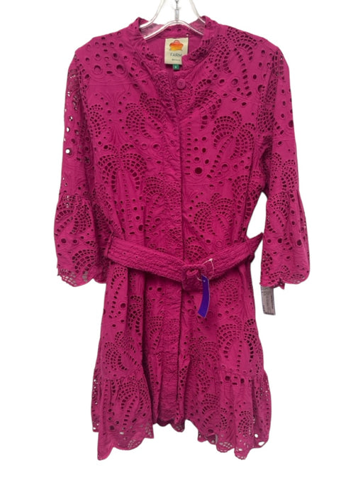 Farm Rio Size S Fuchsia Pink Cotton Eyelet 3/4 Flare Sleeve Button Front Dress Fuchsia Pink / S