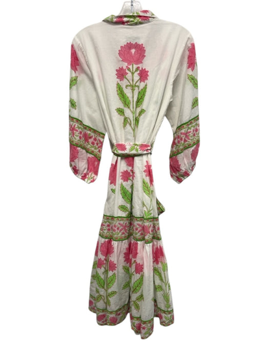 Sue Sartor Size S White, Green & Pink Cotton Floral 3/4 Balloon Sleeve Dress White, Green & Pink / S