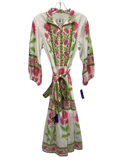 Sue Sartor Size S White, Green & Pink Cotton Floral 3/4 Balloon Sleeve Dress White, Green & Pink / S