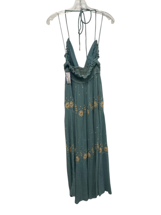 Free People Size XS Aqua Blue & Beige Cotton Gauze Embroidered Tie Halter Dress Aqua Blue & Beige / XS