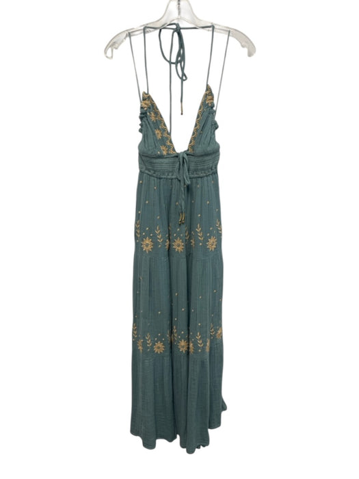 Free People Size XS Aqua Blue & Beige Cotton Gauze Embroidered Tie Halter Dress Aqua Blue & Beige / XS