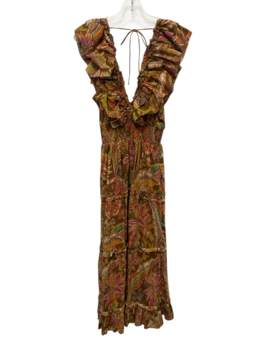 Love The Label Size S Brown & Multi Cotton Paisley Ruffle V Neck Dress Brown & Multi / S