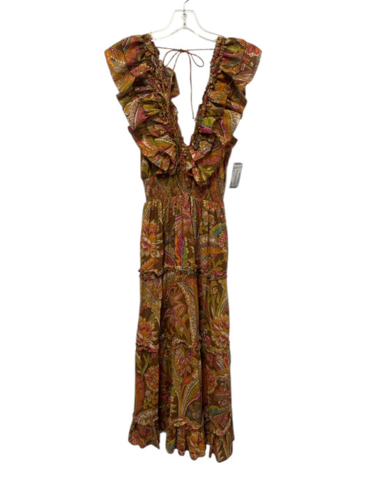 Love The Label Size S Brown & Multi Cotton Paisley Ruffle V Neck Dress Brown & Multi / S