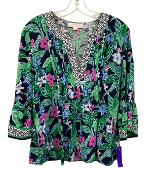 Lilly Pulitzer Size S Navy Blue, Green & Pink Rayon Botanical 3/4 Sleeve Top Navy Blue, Green & Pink / S