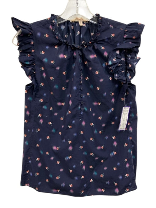 Rebecca Taylor Size 2 Navy Blue & Pink Cotton Floral Ruffle Cap Sleeve Top Navy Blue & Pink / 2