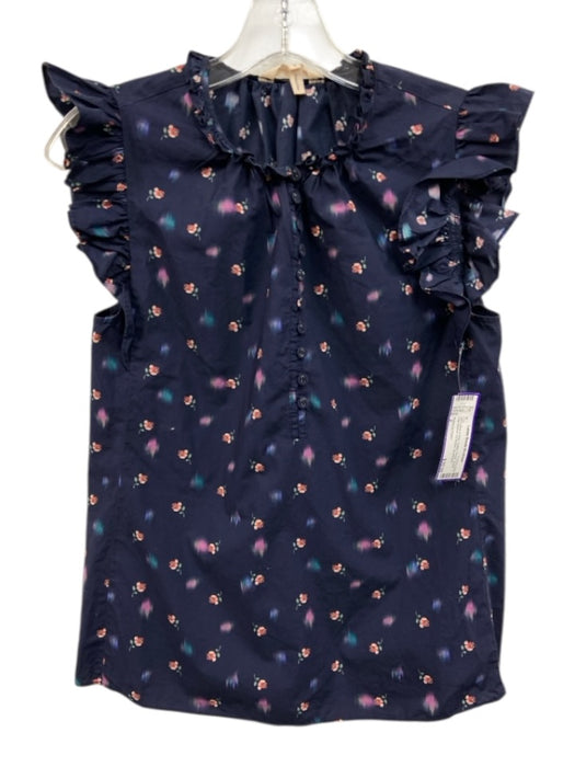 Rebecca Taylor Size 2 Navy Blue & Pink Cotton Floral Ruffle Cap Sleeve Top Navy Blue & Pink / 2