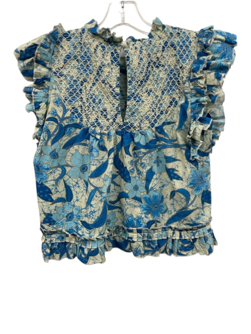 Love The Label Size S Blue & Cream Beige Cotton Botanical Ruffle Cap Sleeve Top Blue & Cream Beige / S
