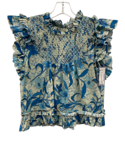 Love The Label Size S Blue & Cream Beige Cotton Botanical Ruffle Cap Sleeve Top Blue & Cream Beige / S