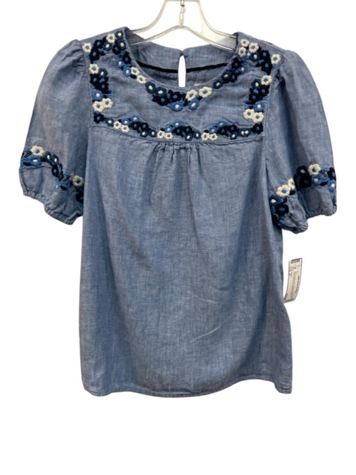 Boden Size 4 Blue & White Linen Floral Embroidered Short Puff Sleeve Top Blue & White / 4