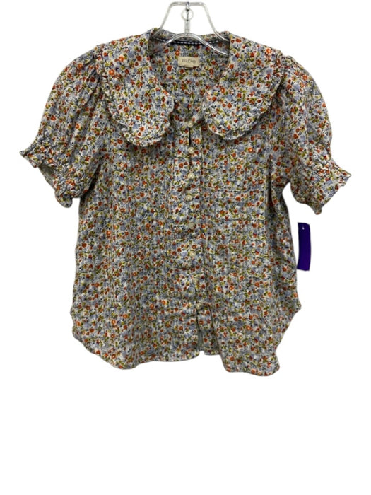 Pilcro Size XS White, Blue & Multi Cotton Floral Short Sleeve Button Front Top White, Blue & Multi / XS