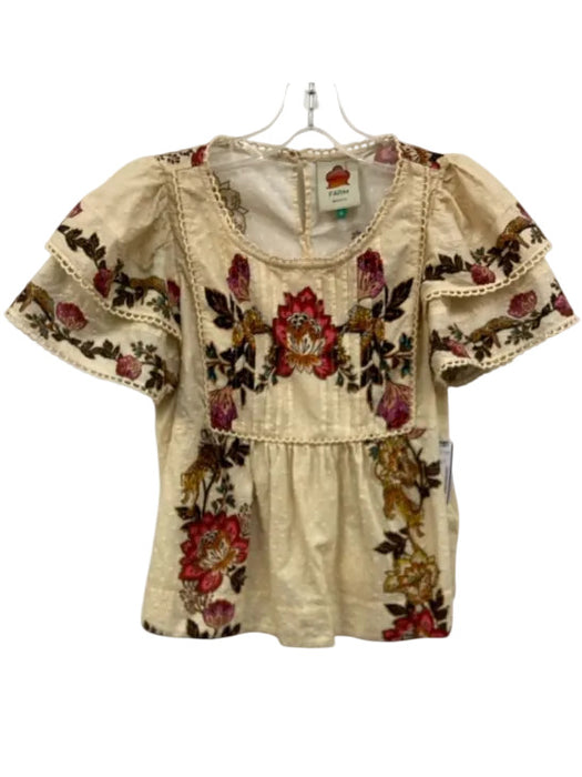 Farm Rio Size S Cream Beige & Multi Cotton Flora & Fauna Tiered Cap Sleeve Top Cream Beige & Multi / S