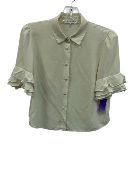 Frame Size XS Cream White Silk Short Sleeve Ruffle Detail Button Up Cropped Top Cream White / XS