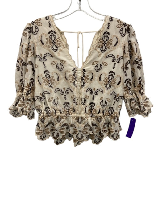 By Anthropologie Size S Cream White & Brown Cotton Embroidered V Neck Top Cream White & Brown / S