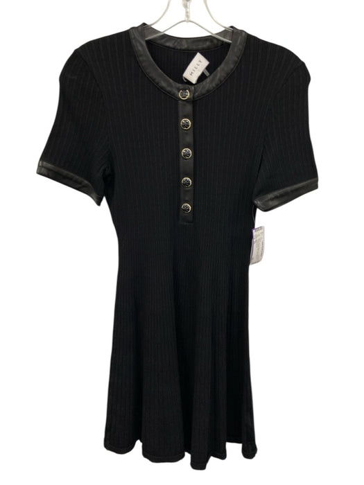 Milly Size XS Black Viscose Blend PU Leather trim Quarter Button Mini Dress Black / XS