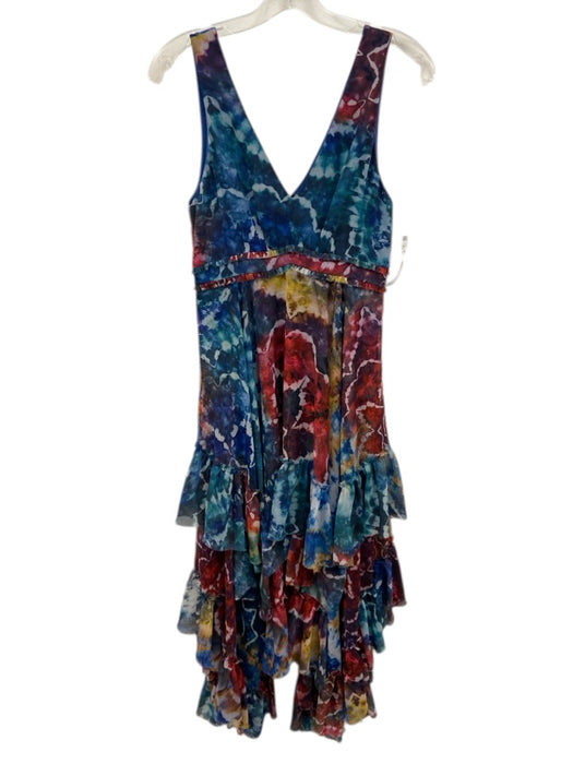 Alice + Olivia Size 2 Blue, Red, Yellow Polyester Tie Dye V Neck Midi Dress Blue, Red, Yellow / 2