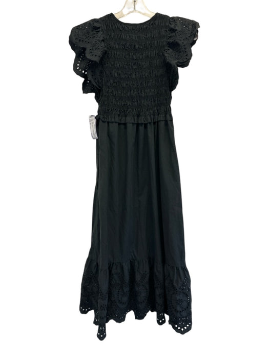Rails Size XS Black Cotton Blend Shirred Eyelet Trim Flutter Cap Sleeve Dress Black / XS