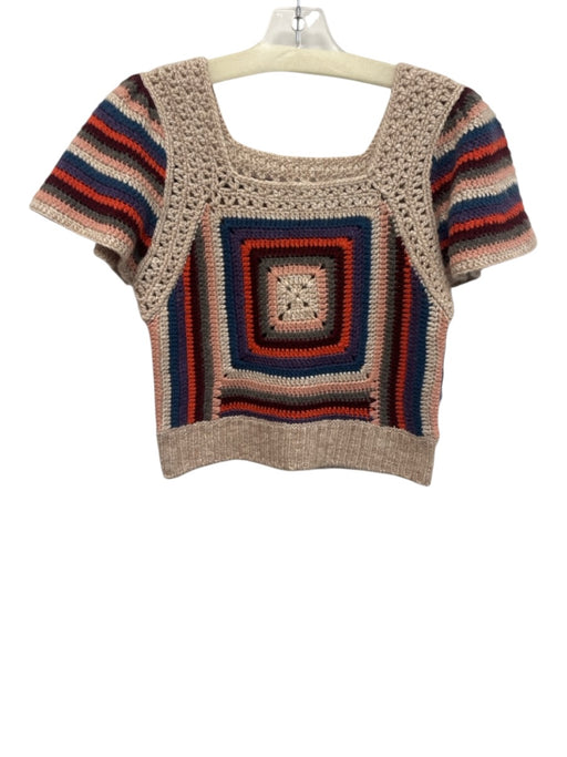Sea New York Size S Beige, Red, Blue Wool Blend Crochet Granny Squares Sweater Beige, Red, Blue / S