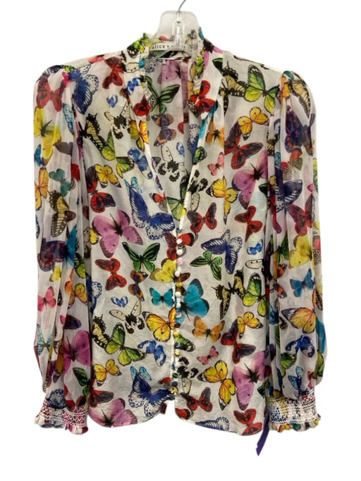 Alice + Olivia Size S White, Black, Multi Cotton & Silk Semi Sheer Top White, Black, Multi / S