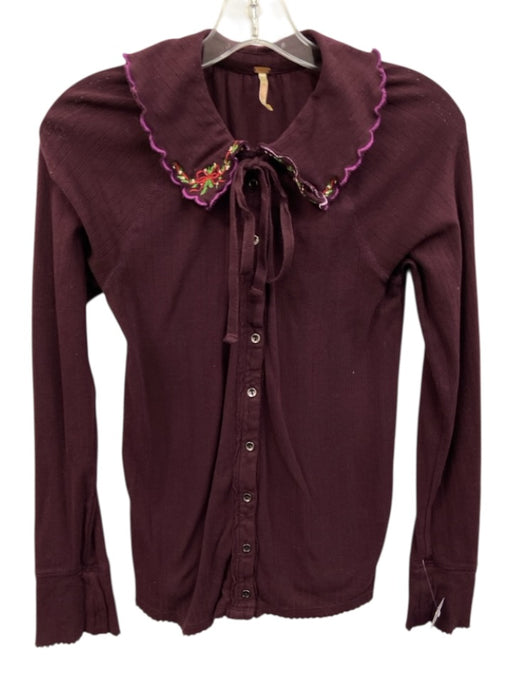 Free People Size S Purple Cotton Pointelle Embroidered Detail Long Sleeve Top Purple / S
