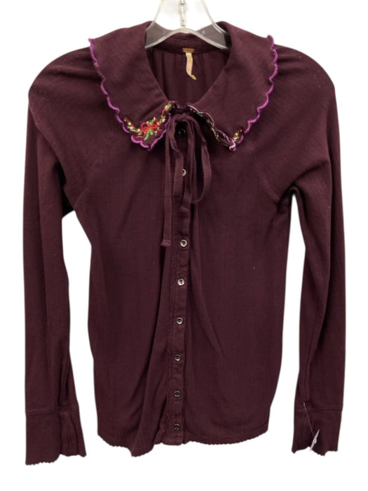 Free People Size S Purple Cotton Pointelle Embroidered Detail Long Sleeve Top Purple / S