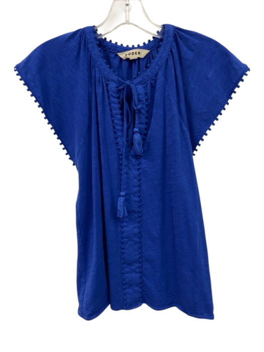 Boden Size 4 Royal Blue Cotton Pom Pom Trim Tie Neck Tassel Flutter Sleeve Top Royal Blue / 4