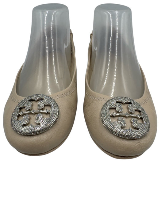 Tory Burch Shoe Size 7 Beige Leather Rhinestone Logo Round Toe Flats Beige / 7