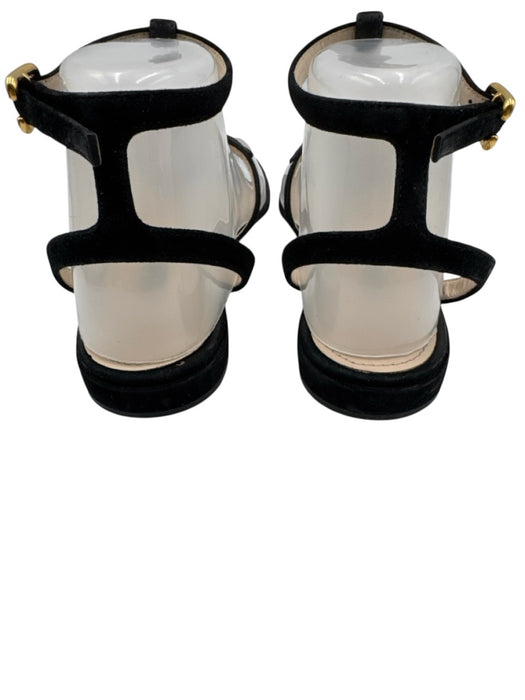 Prada Shoe Size 37 Black Suede Gold Tone Hardware Ankle Strap Logo Sandals Black / 37
