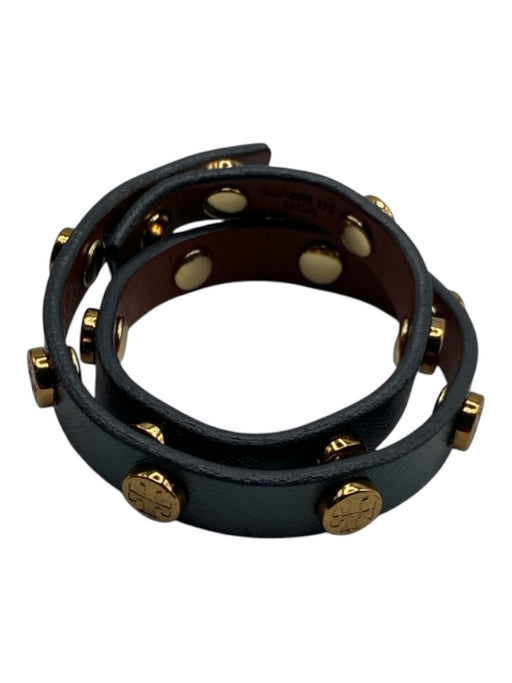 Tory Burch Blue Gray Leather gold tone metal Studded Logo Wrap Bracelet Blue Gray
