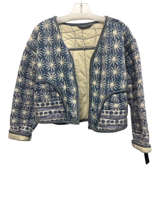 We The Free Size XS Blue & White Cotton Blend Printed Pockets Open Front Jacket Blue & White / XS