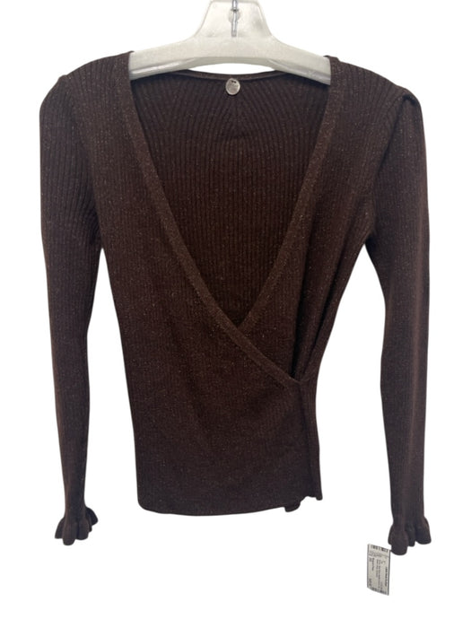 Margaret O'leary Size XS Brown Wool Blend Metallic Accent Long Sleeve Wrap Top Brown / XS