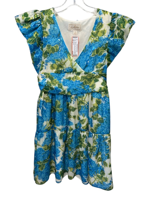 Flora Bea Size S Blue, Green, White Floral Flutter Cap Sleeve Above Knee Dress Blue, Green, White / S