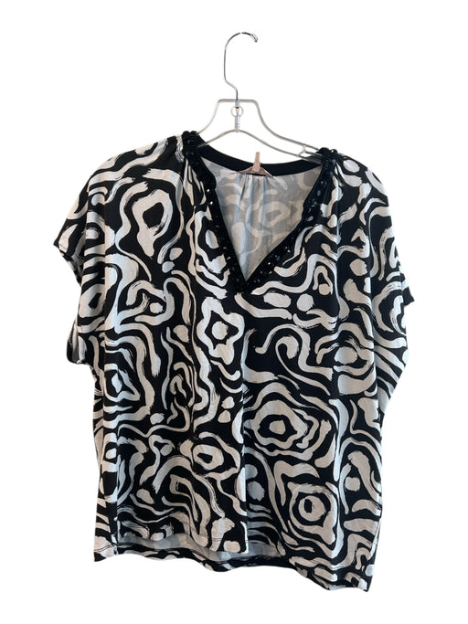Esqualo Size Small Black & White Viscose Blend V Neck Short Sleeve Abstract Top Black & White / Small