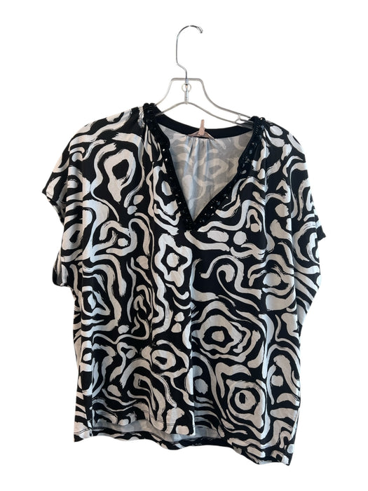Esqualo Size Small Black & White Viscose Blend V Neck Short Sleeve Abstract Top Black & White / Small