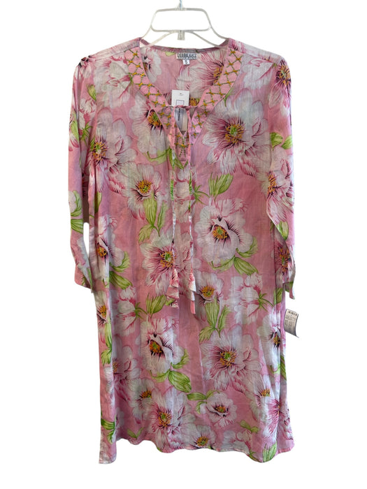 Debbie Katz Size Small Pink, Green & White Cotton Floral Long Sleeve Coverup Pink, Green & White / Small