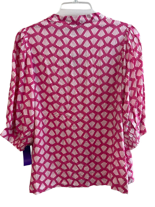 La Mer Luxe Size Medium Pink & White Rayon All Over Print Round Split Neck Top Pink & White / Medium
