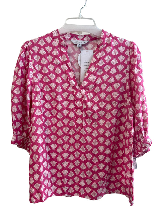 La Mer Luxe Size Medium Pink & White Rayon All Over Print Round Split Neck Top Pink & White / Medium