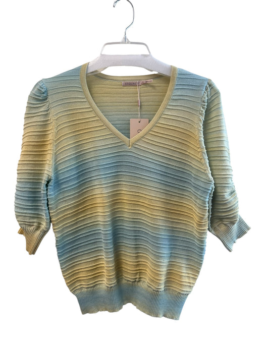 Esqualo Size Small Yellow & Blue Polyester Blend Ribbed Half Sleeve V Neck Top Yellow & Blue / Small