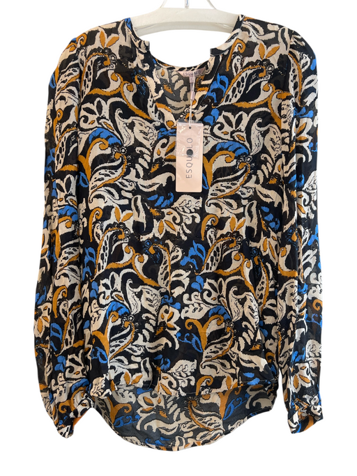 Esqualo Size 6 Black Blue Viscose V Neck Long Sleeve Paisley Pullover Top Black Blue / 6
