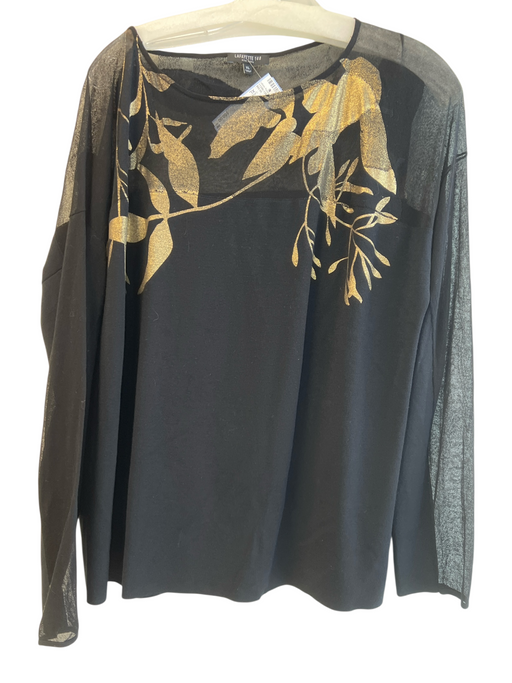 Lafayette 148 Size XL Black Viscose Blend Sheer Detail Boat Neck Long Sleeve Top Black / XL