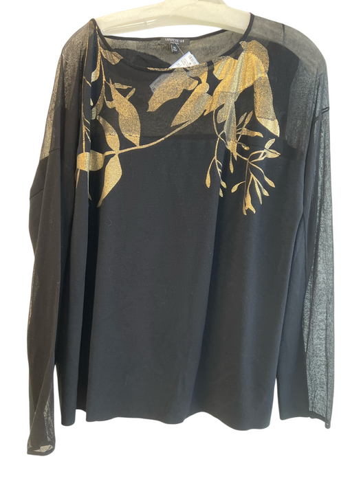 Lafayette 148 Size XL Black Viscose Blend Sheer Detail Boat Neck Long Sleeve Top Black / XL