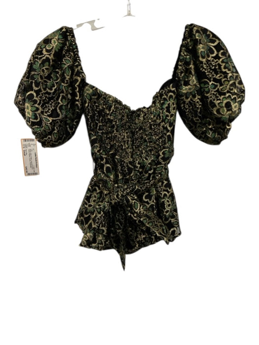 Flora Bea Size Small Black, Gold, Green Long puff sleeve Floral Peplum Top Black, Gold, Green / Small